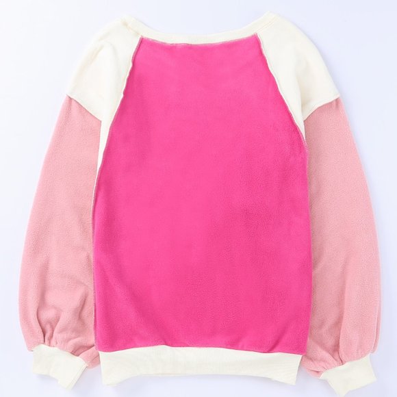 Rose Colorblock Long Sleeve Pullover Fleece Sweatshirt - Picture 11 of 16